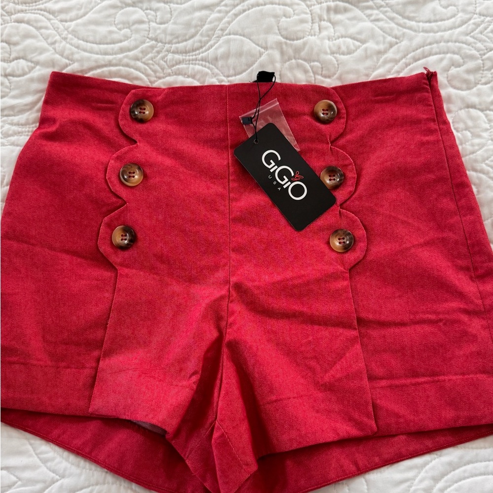 Women Red Button-Detail Shorts